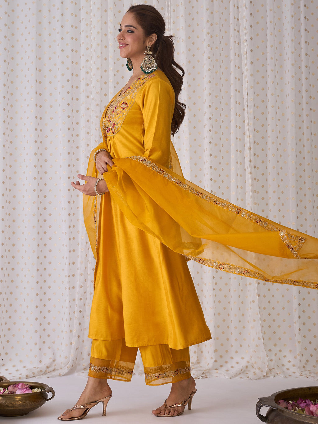 Indo Era Yellow Embroidered A-Line Kurta Palazzos With Dupatta set | Grocsy
