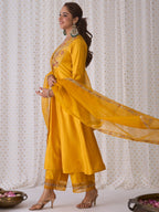 Indo Era Yellow Embroidered A-Line Kurta Palazzos With Dupatta set | Grocsy