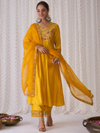 Indo Era Yellow Embroidered A-Line Kurta Palazzos With Dupatta set | Grocsy