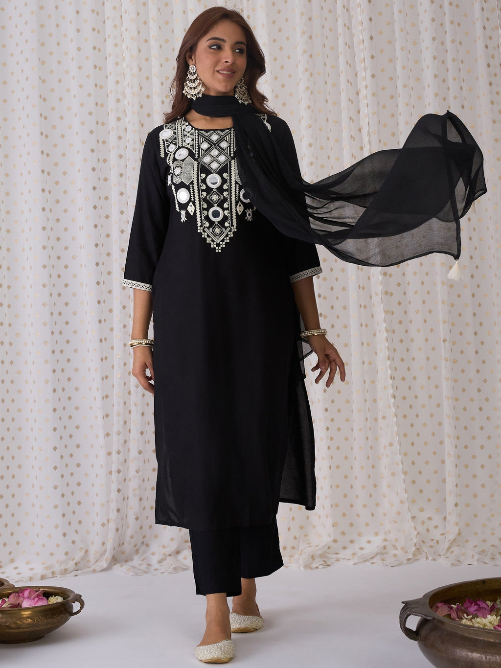 Indo Era Black Embroidered Straight Kurta Trousers With Dupatta set | Grocsy