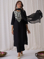 Indo Era Black Embroidered Straight Kurta Trousers With Dupatta set | Grocsy