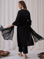 Indo Era Black Embroidered Straight Kurta Trousers With Dupatta set | Grocsy