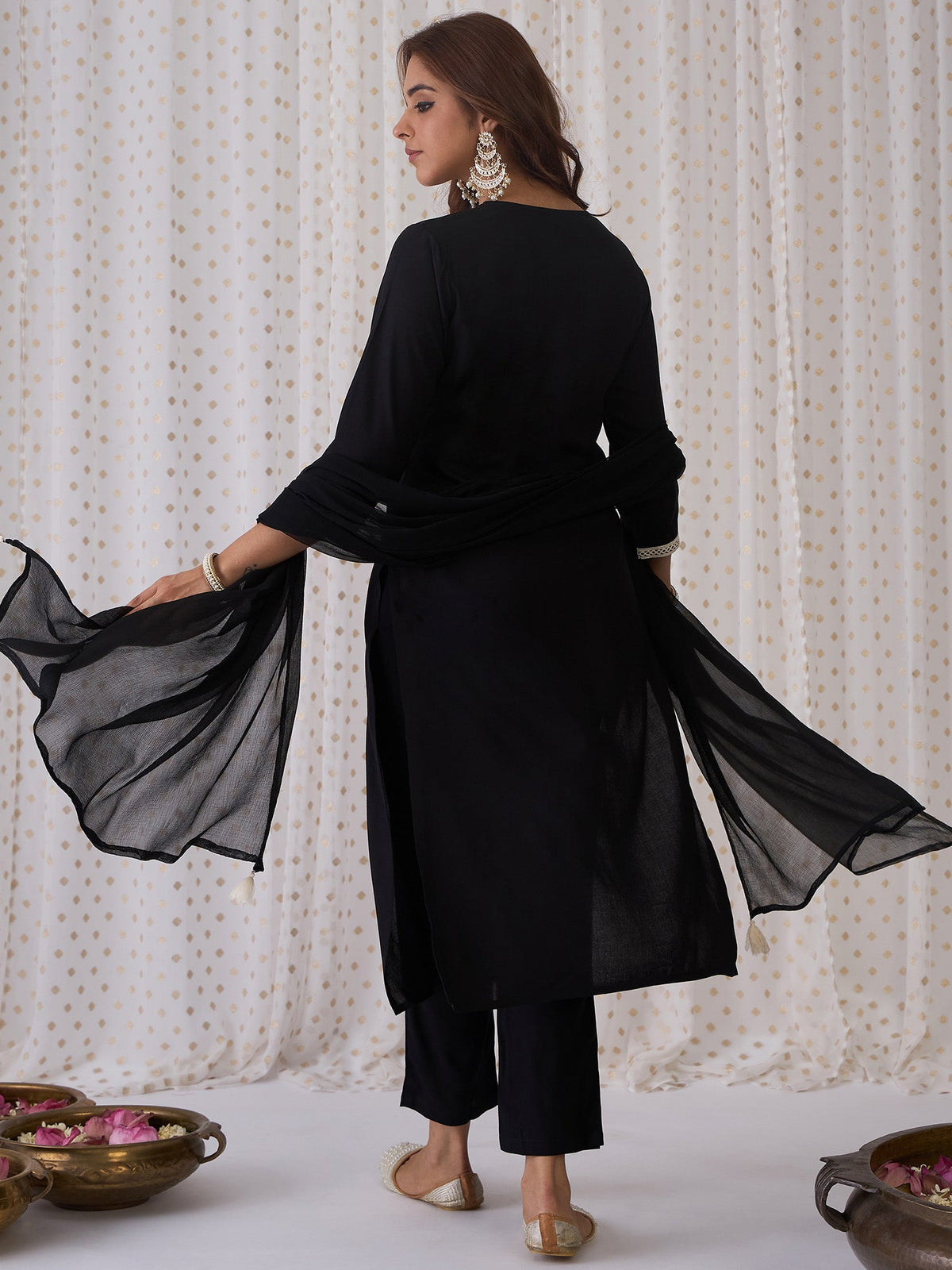 Indo Era Black Embroidered Straight Kurta Trousers With Dupatta set | Grocsy