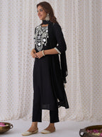 Indo Era Black Embroidered Straight Kurta Trousers With Dupatta set | Grocsy