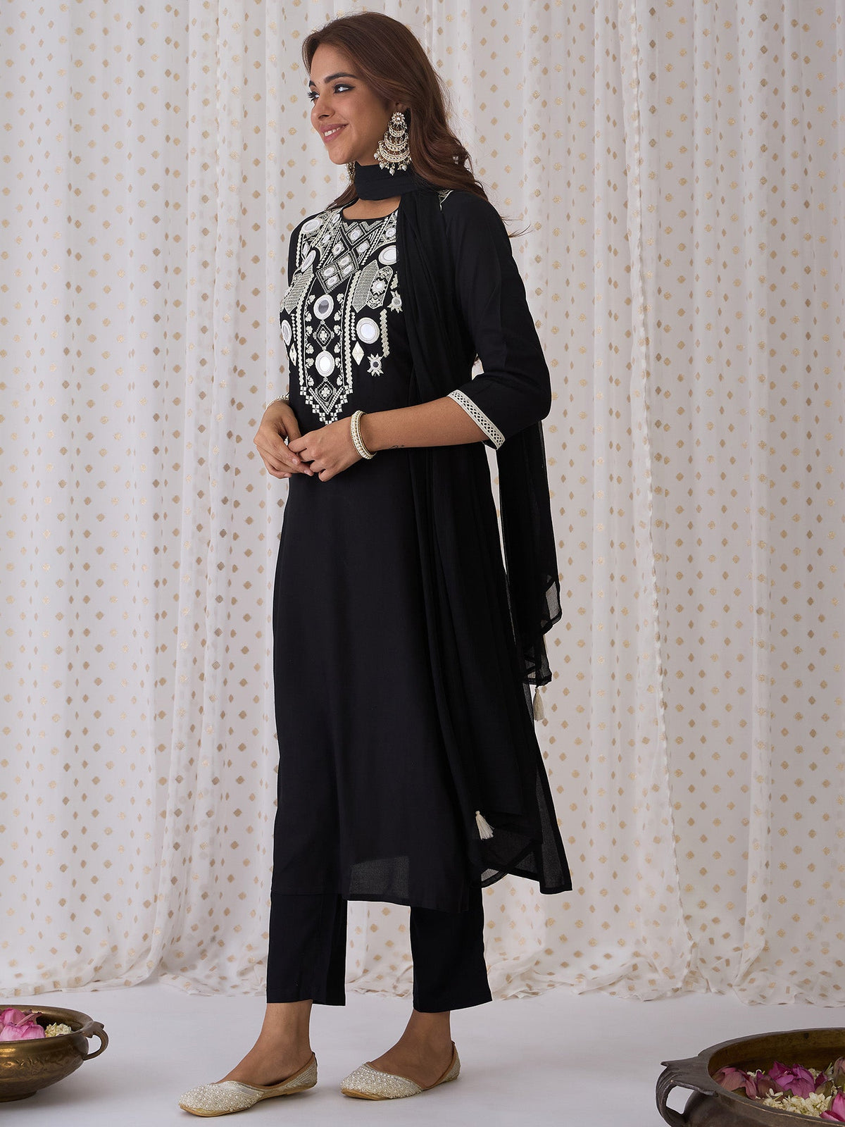 Indo Era Black Embroidered Straight Kurta Trousers With Dupatta set | Grocsy