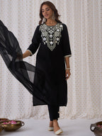 Indo Era Black Embroidered Straight Kurta Trousers With Dupatta set | Grocsy