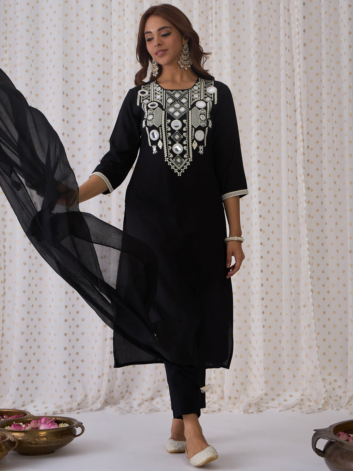 Indo Era Black Embroidered Straight Kurta Trousers With Dupatta set | Grocsy
