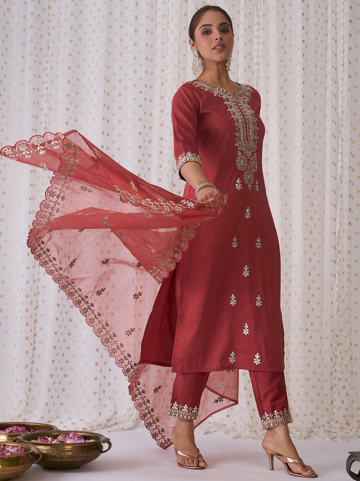 Indo Era Rust Embroidered Straight Kurta Trousers With Dupatta set | Grocsy