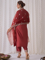 Indo Era Rust Embroidered Straight Kurta Trousers With Dupatta set | Grocsy