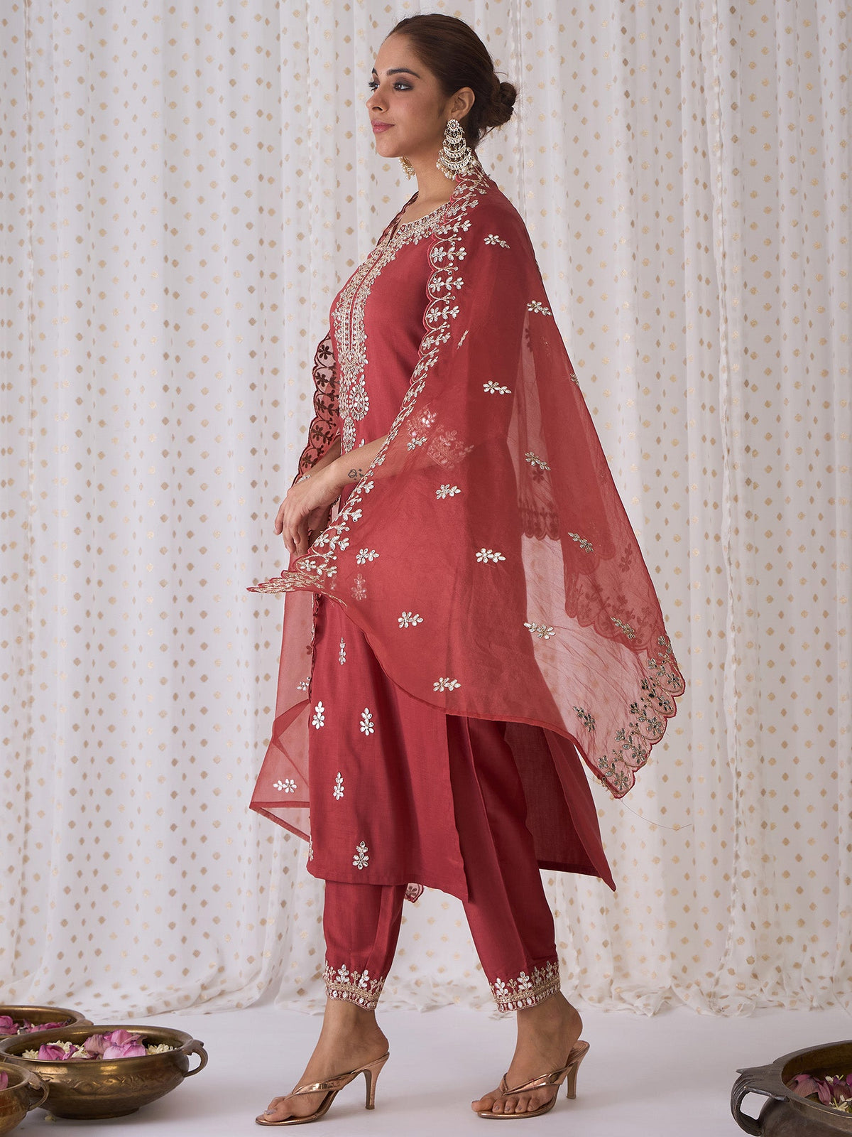 Indo Era Rust Embroidered Straight Kurta Trousers With Dupatta set | Grocsy