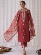 Indo Era Rust Embroidered Straight Kurta Trousers With Dupatta set | Grocsy