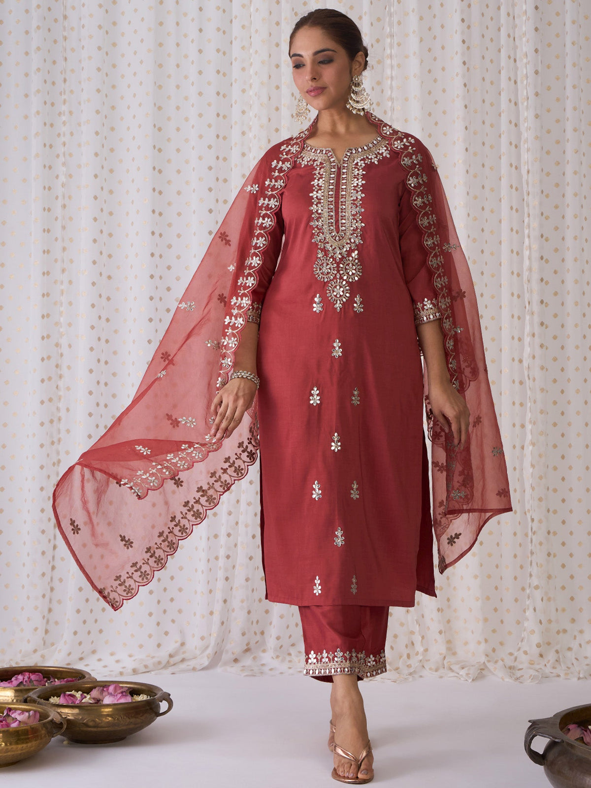 Indo Era Rust Embroidered Straight Kurta Trousers With Dupatta set | Grocsy