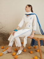 Indo Era Off White Embroidered Straight Kurta Trousers With Dupatta set | Grocsy