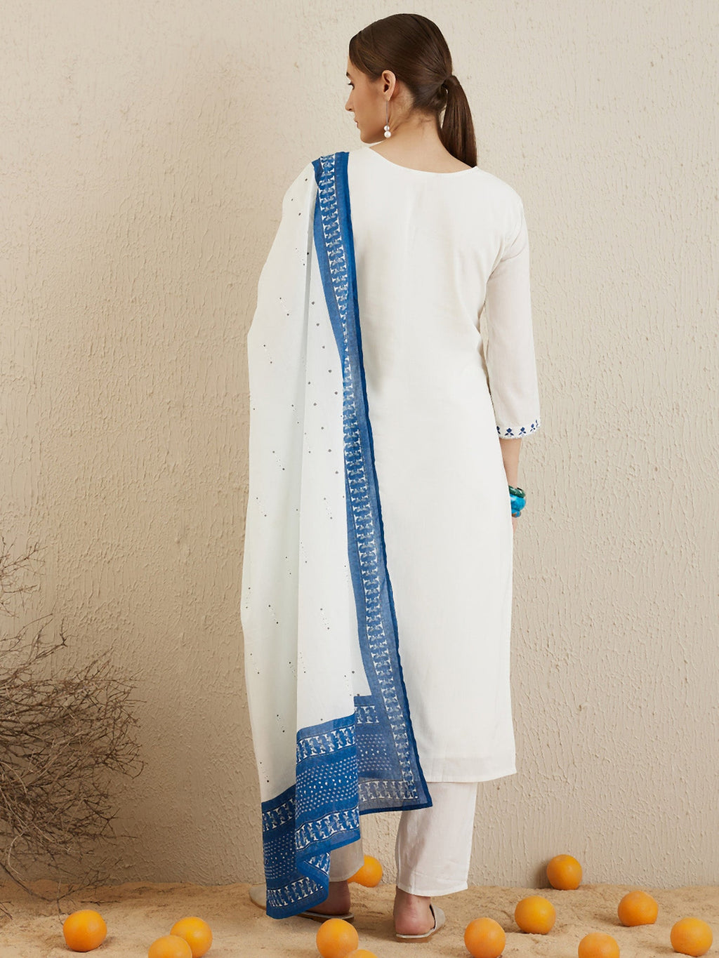 Indo Era Off White Embroidered Straight Kurta Trousers With Dupatta set | Grocsy