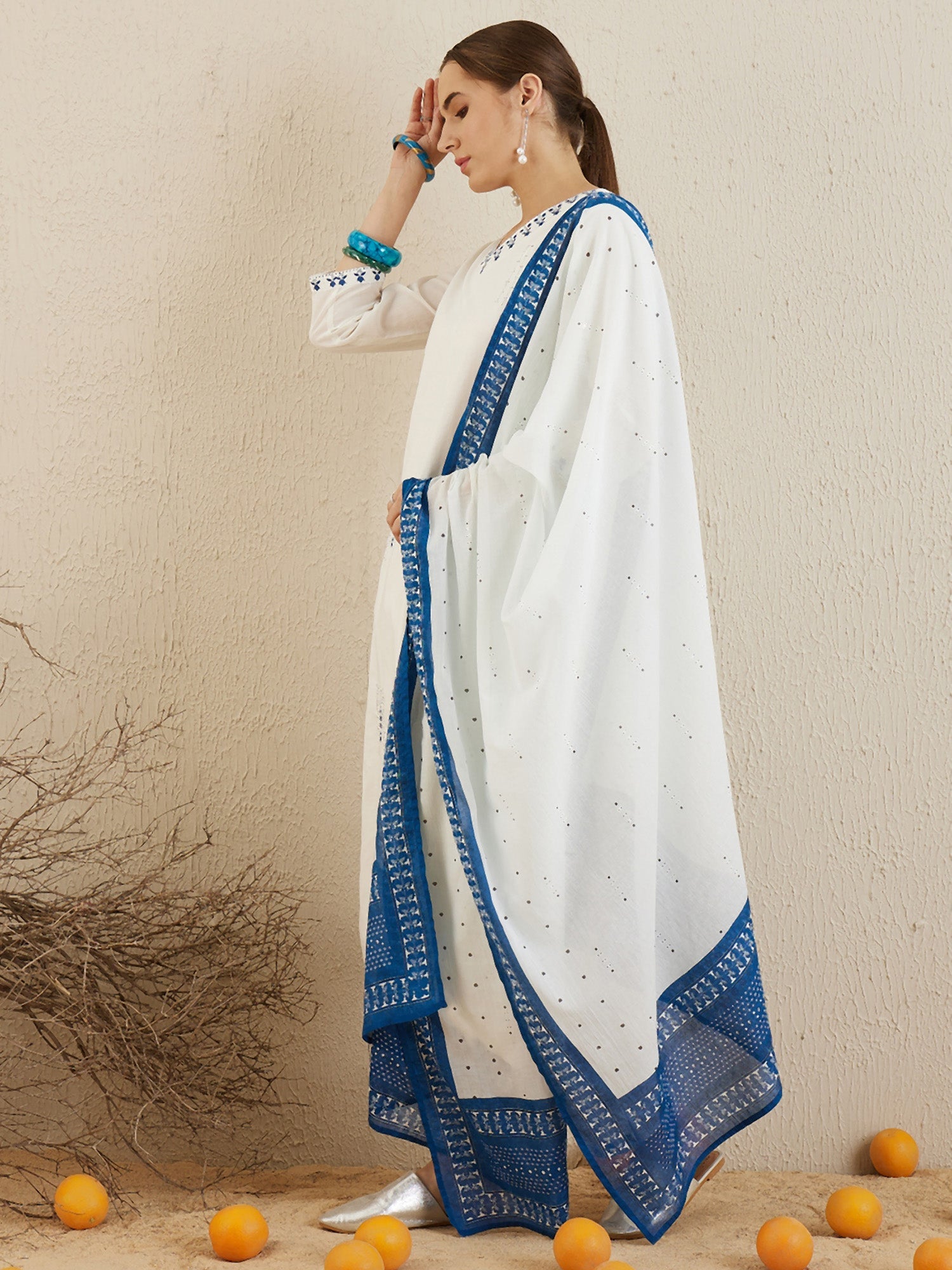 Indo Era Off White Embroidered Straight Kurta Trousers With Dupatta set | Grocsy