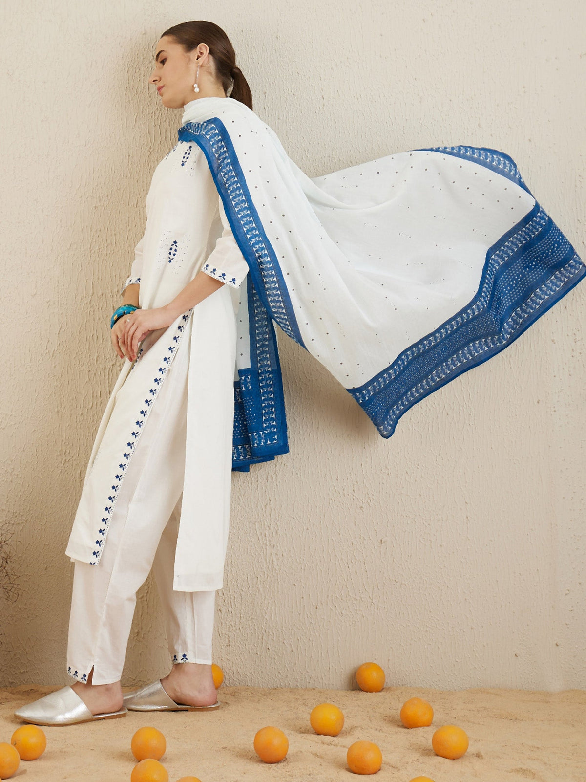 Indo Era Off White Embroidered Straight Kurta Trousers With Dupatta set | Grocsy