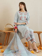 Indo Era Blue Embroidered Straight Kurta Trousers With Dupatta set | Grocsy