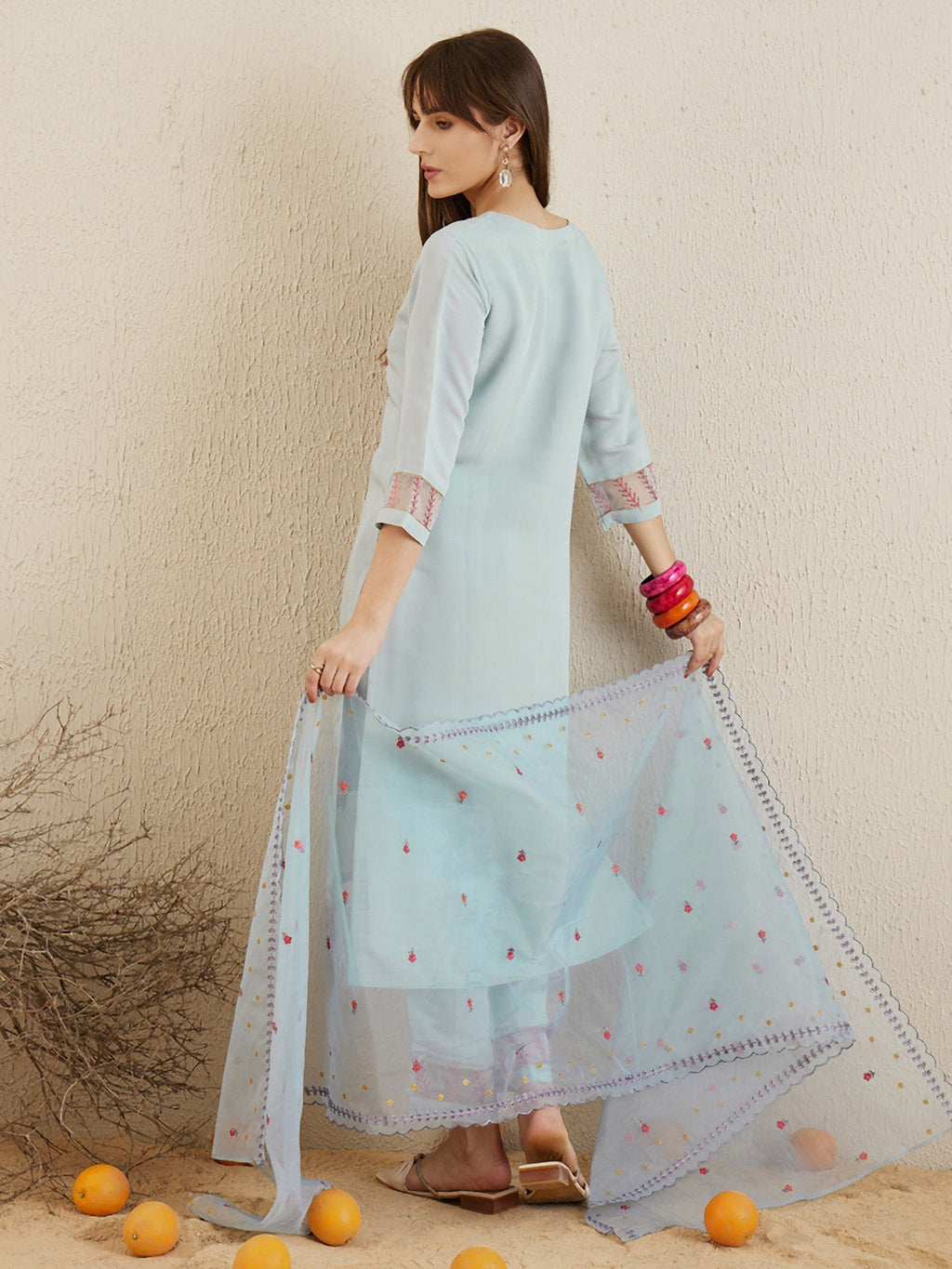 Indo Era Blue Embroidered Straight Kurta Trousers With Dupatta set | Grocsy