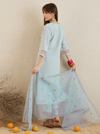Indo Era Blue Embroidered Straight Kurta Trousers With Dupatta set | Grocsy