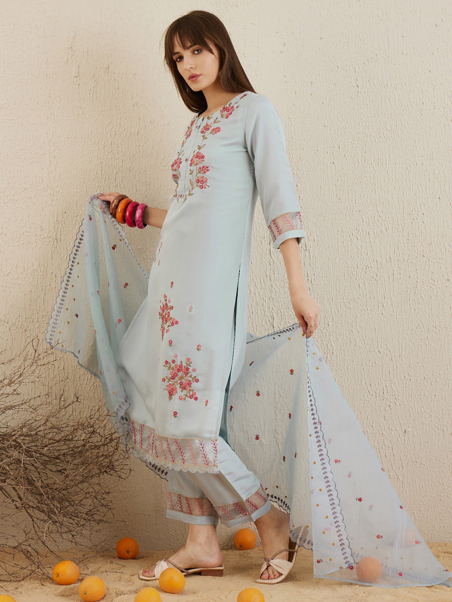 Indo Era Blue Embroidered Straight Kurta Trousers With Dupatta set | Grocsy