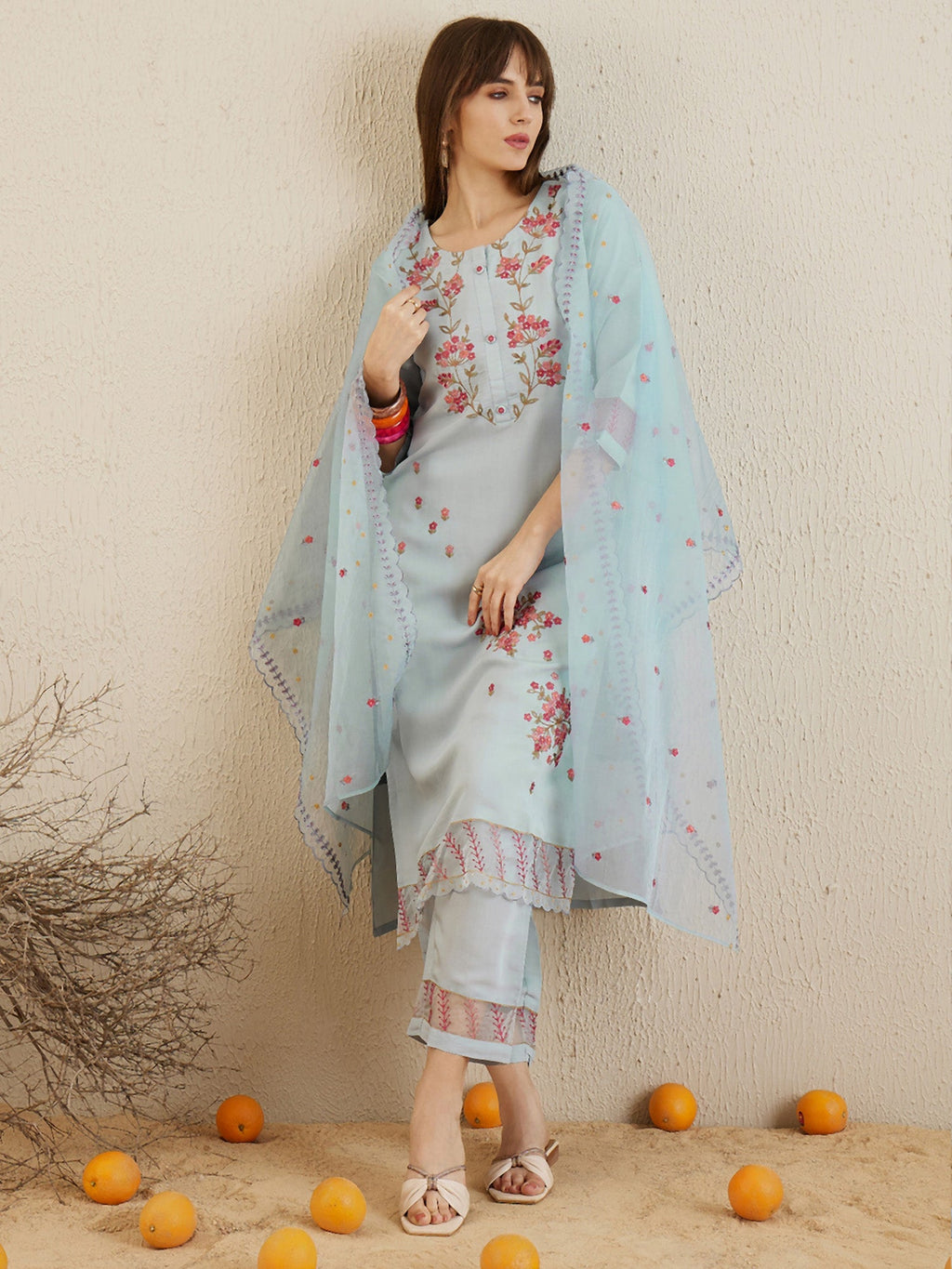 Indo Era Blue Embroidered Straight Kurta Trousers With Dupatta set | Grocsy