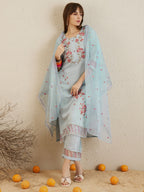 Indo Era Blue Embroidered Straight Kurta Trousers With Dupatta set | Grocsy