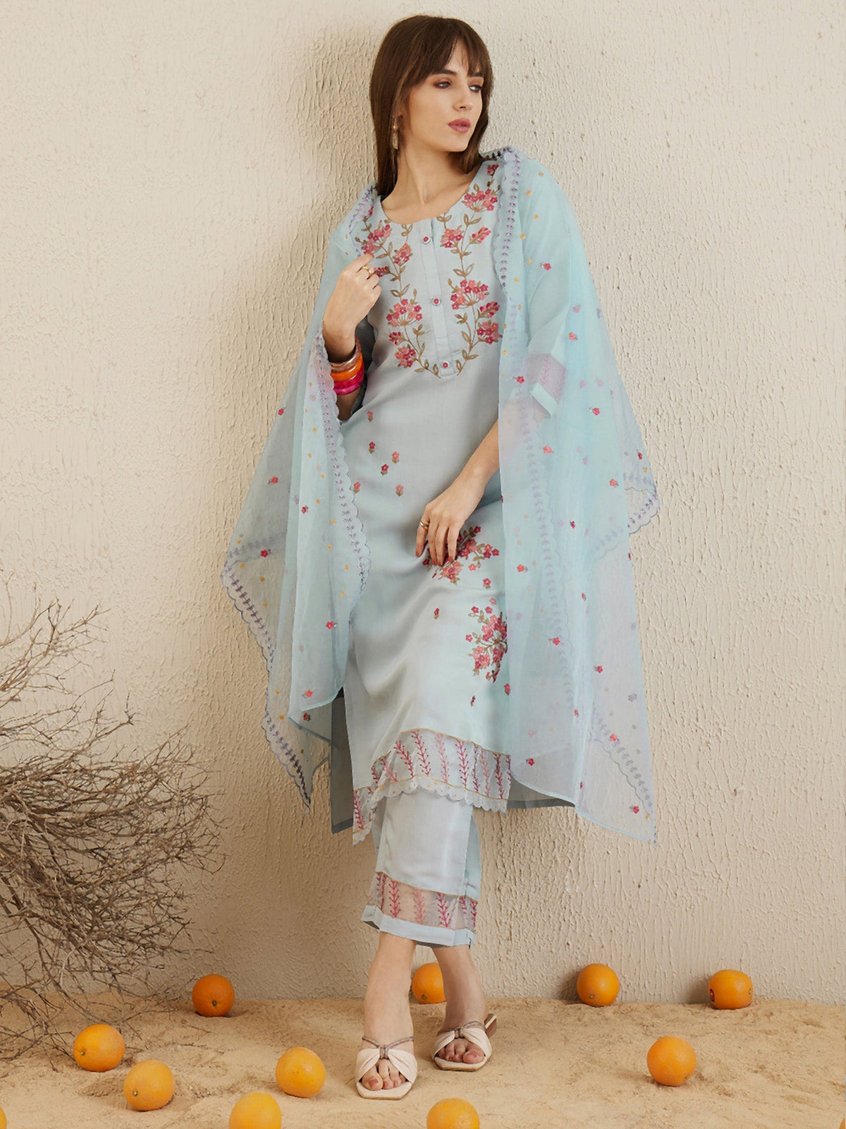 Indo Era Blue Embroidered Straight Kurta Trousers With Dupatta set | Grocsy