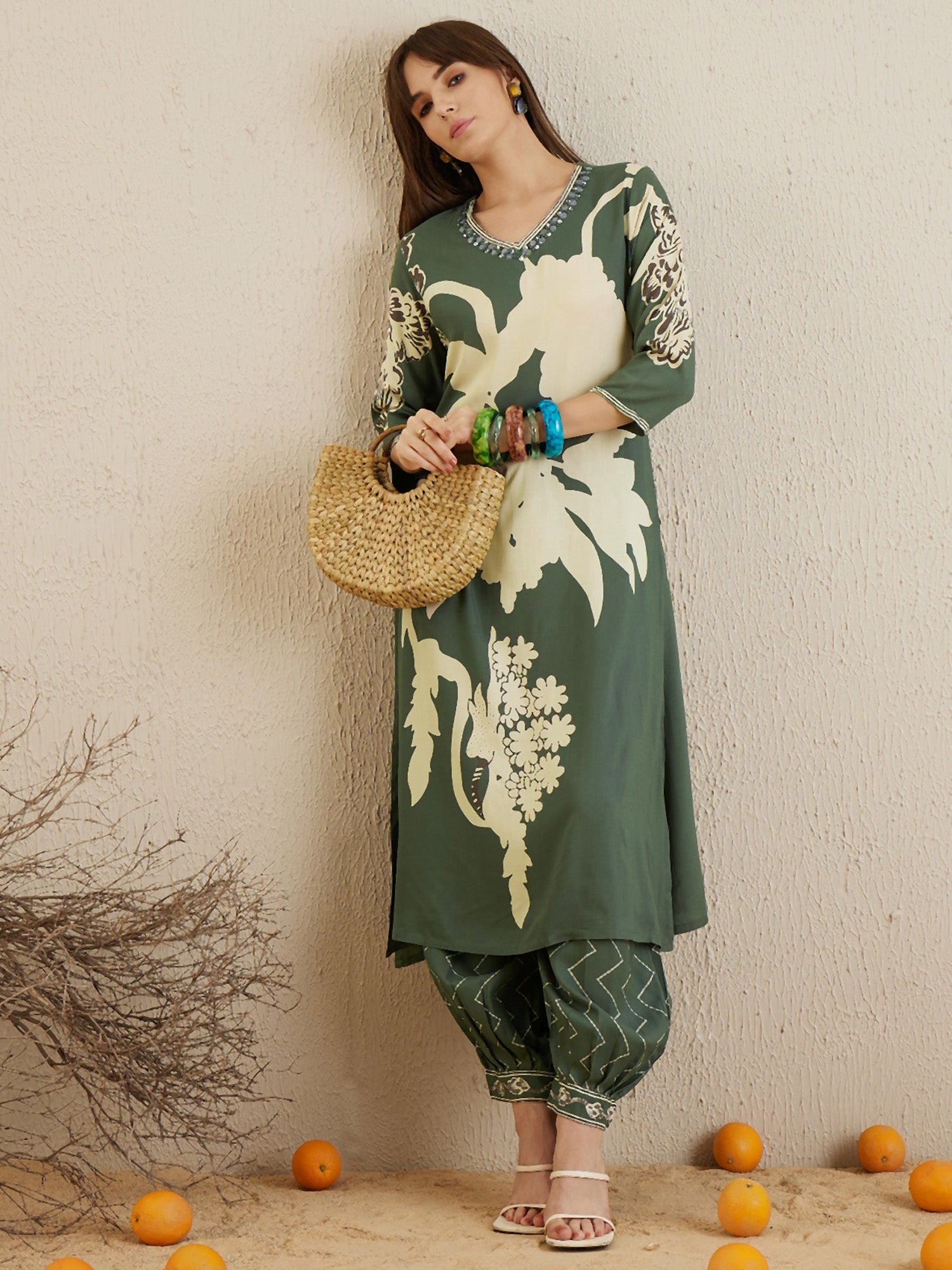 Indo Era Green Printed A-Line Kurta Salwar set | Grocsy