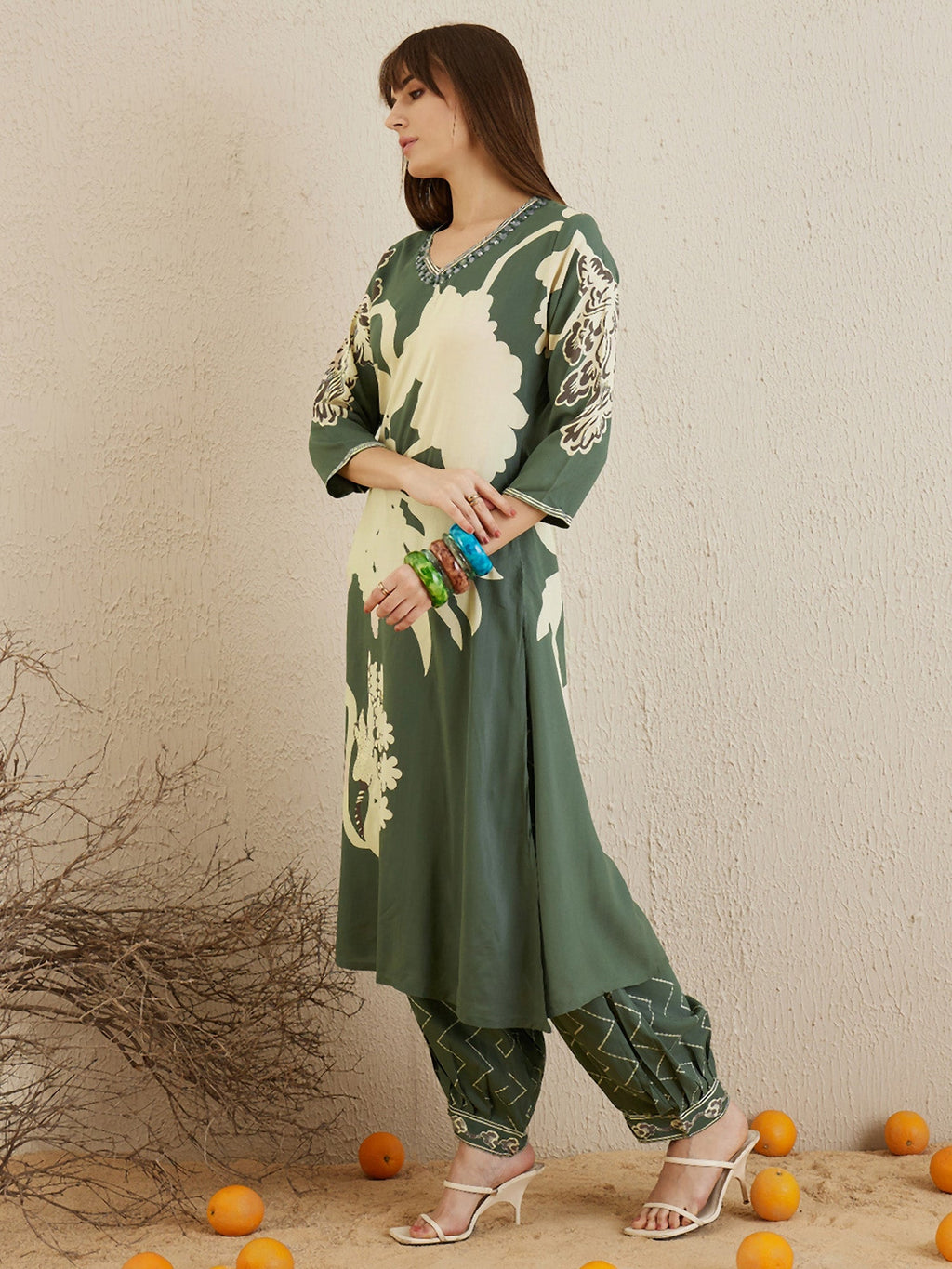 Indo Era Green Printed A-Line Kurta Salwar set | Grocsy