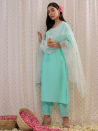 Indo Era Blue Embroidered Straight Kurta Trousers With Dupatta set | Grocsy