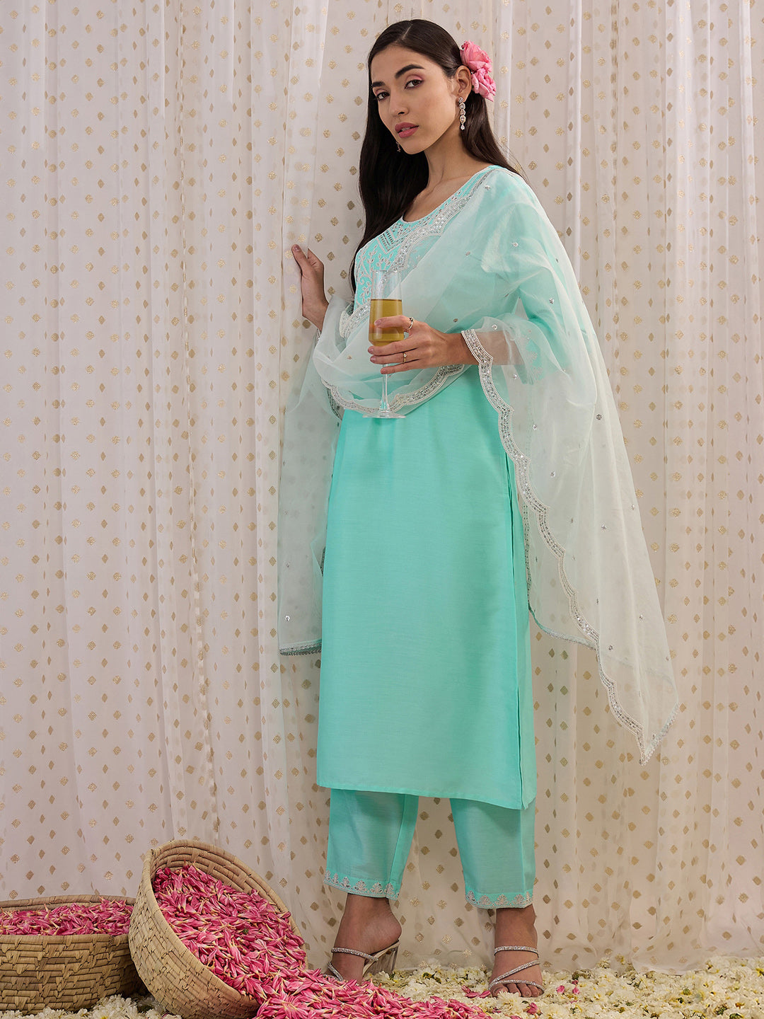 Indo Era Blue Embroidered Straight Kurta Trousers With Dupatta set | Grocsy