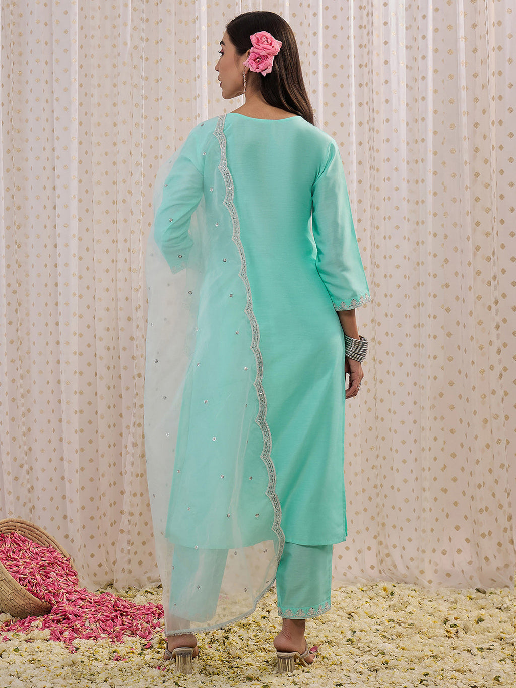 Indo Era Blue Embroidered Straight Kurta Trousers With Dupatta set | Grocsy