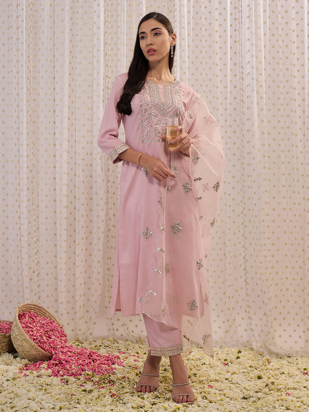 Indo Era Pink Embroidered Straight Kurta Trousers With Dupatta set | Grocsy