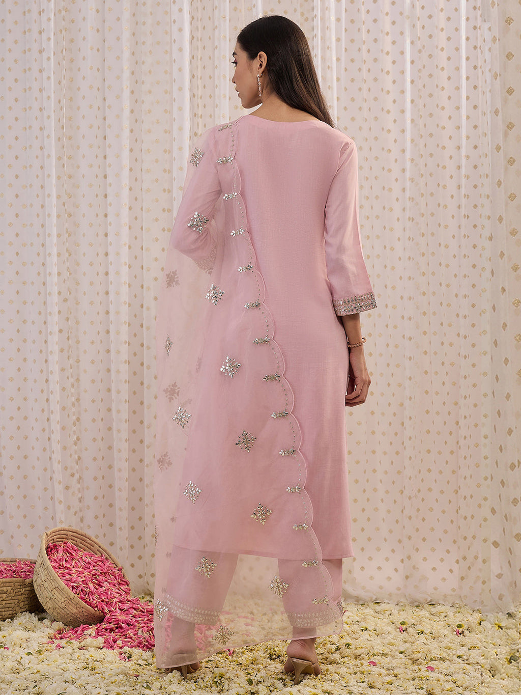 Indo Era Pink Embroidered Straight Kurta Trousers With Dupatta set | Grocsy