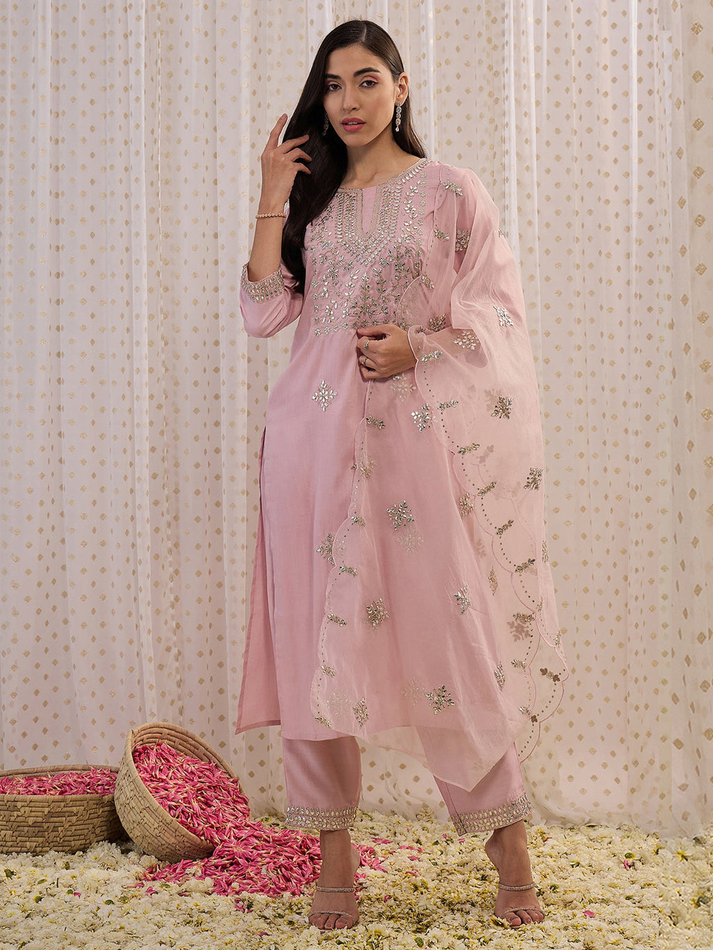 Indo Era Pink Embroidered Straight Kurta Trousers With Dupatta set | Grocsy