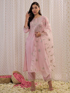 Indo Era Pink Embroidered Straight Kurta Trousers With Dupatta set | Grocsy