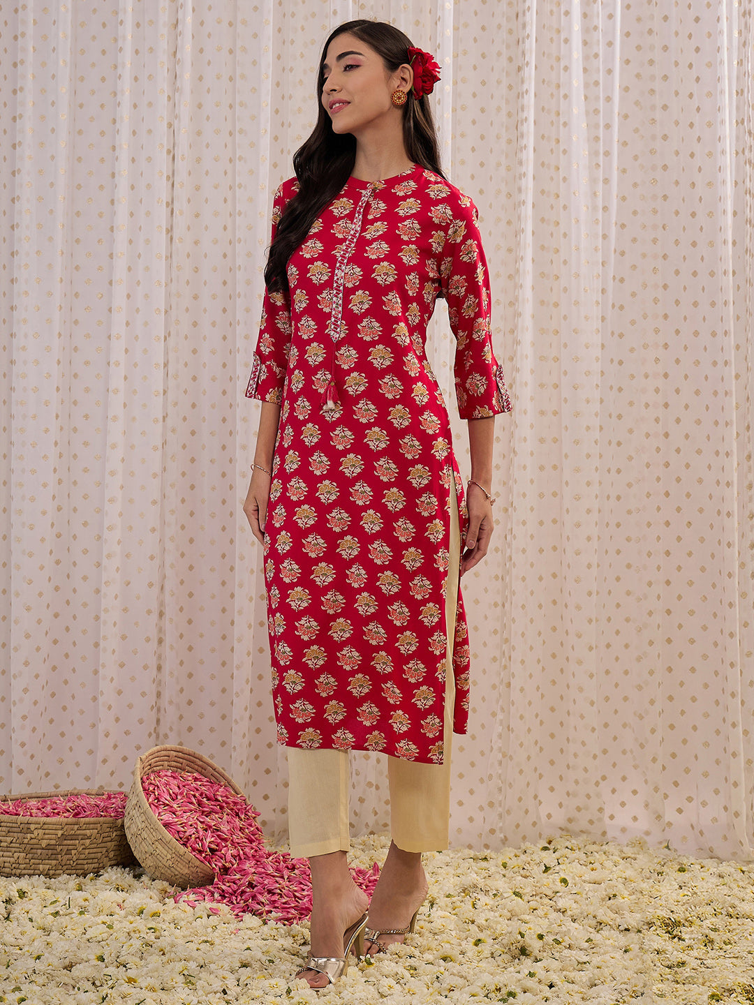 Indo Era Pink Printed Straight Kurta | Grocsy