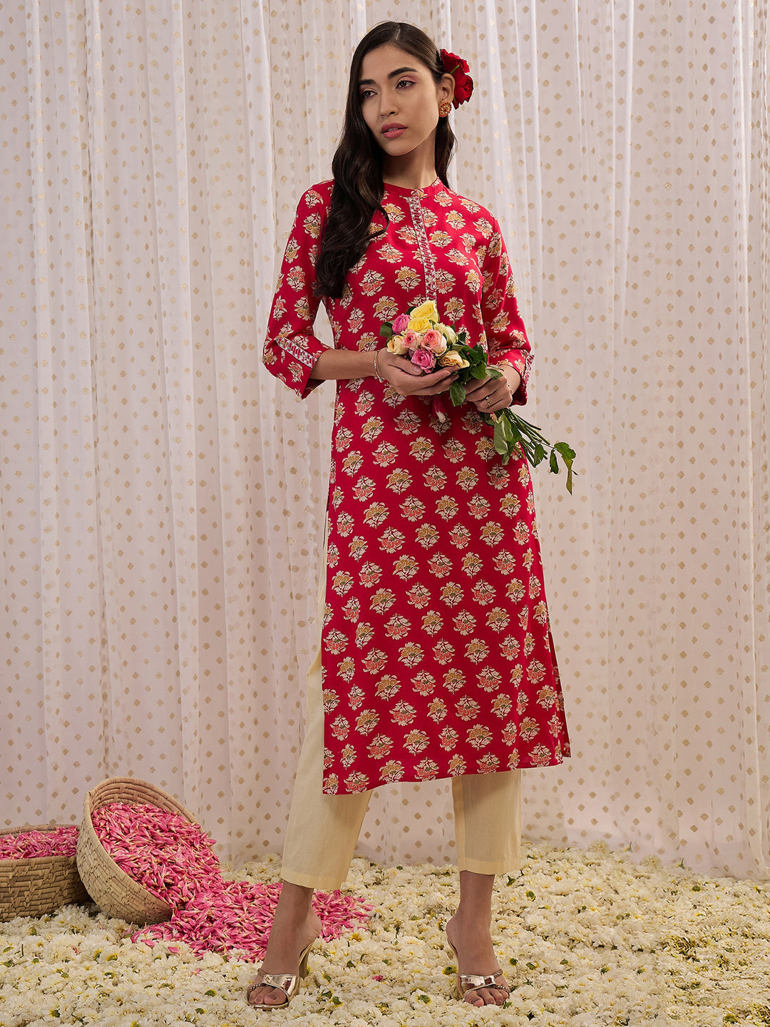 Indo Era Pink Printed Straight Kurta | Grocsy