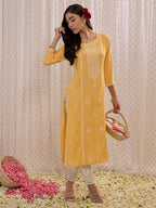 Indo Era Yellow Embroidered Straight Kurta | Grocsy