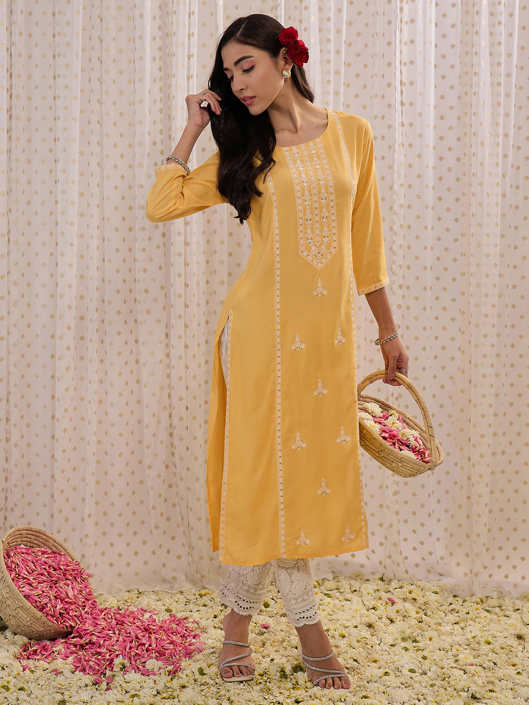 Indo Era Yellow Embroidered Straight Kurta | Grocsy
