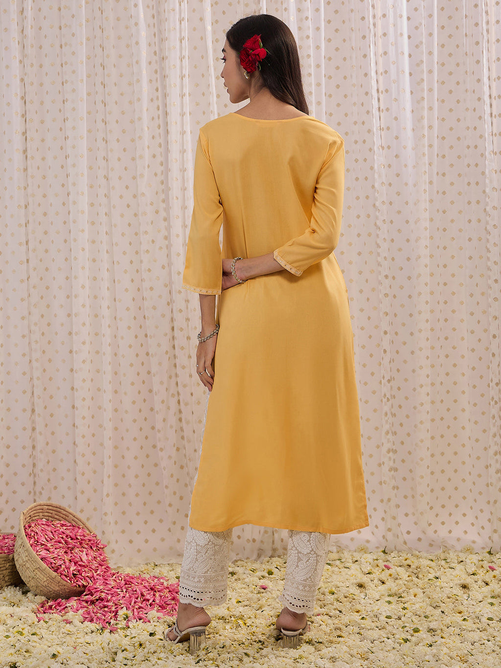 Indo Era Yellow Embroidered Straight Kurta | Grocsy