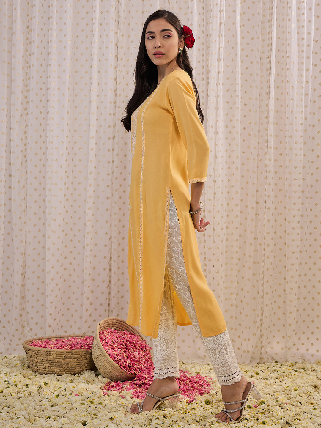 Indo Era Yellow Embroidered Straight Kurta | Grocsy