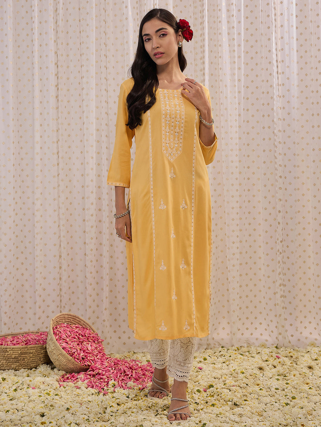 Indo Era Yellow Embroidered Straight Kurta | Grocsy