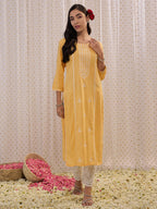 Indo Era Yellow Embroidered Straight Kurta | Grocsy