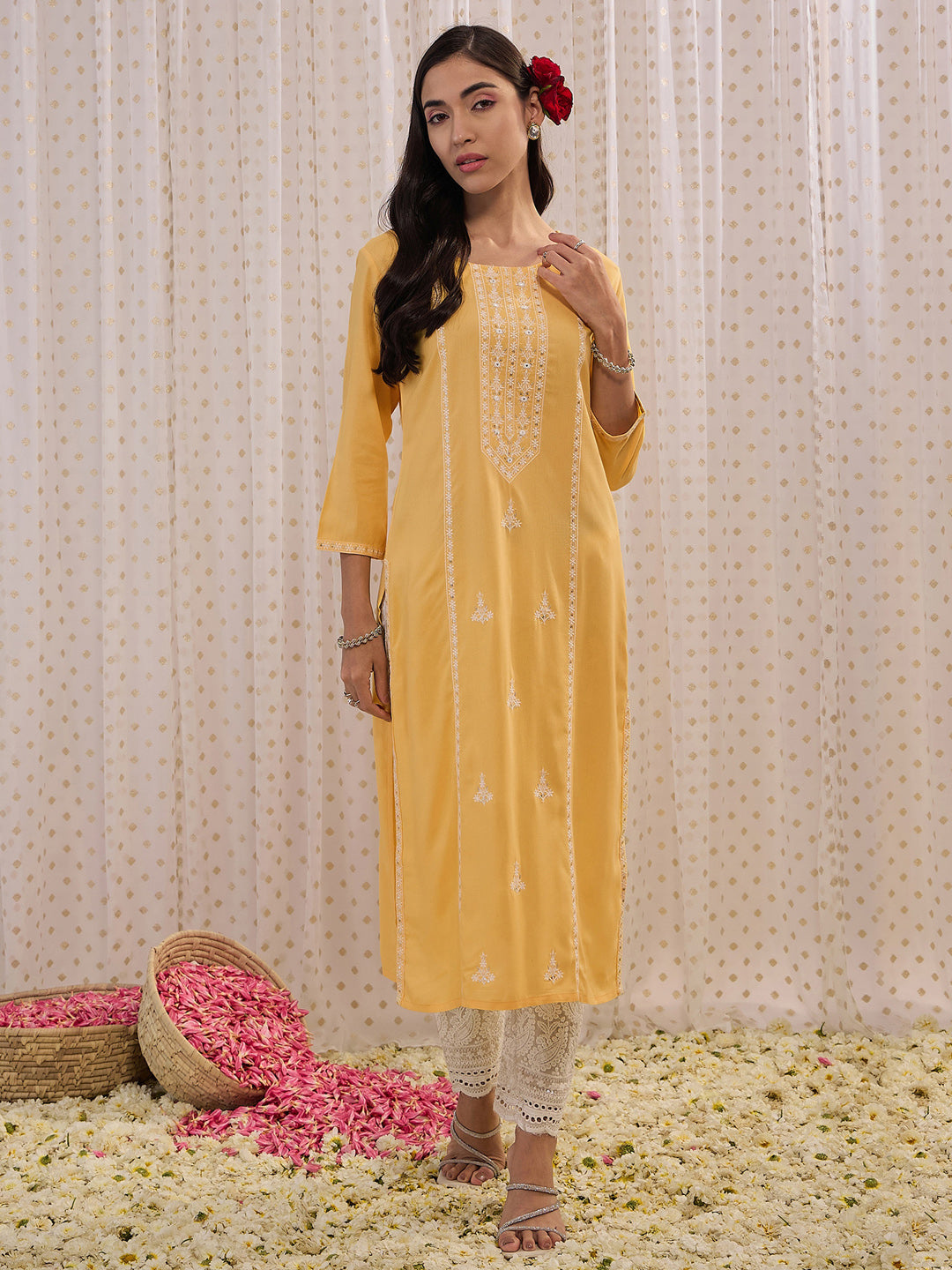 Indo Era Yellow Embroidered Straight Kurta | Grocsy