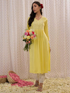 Indo Era Yellow Embroidered A-Line Kurta | Grocsy