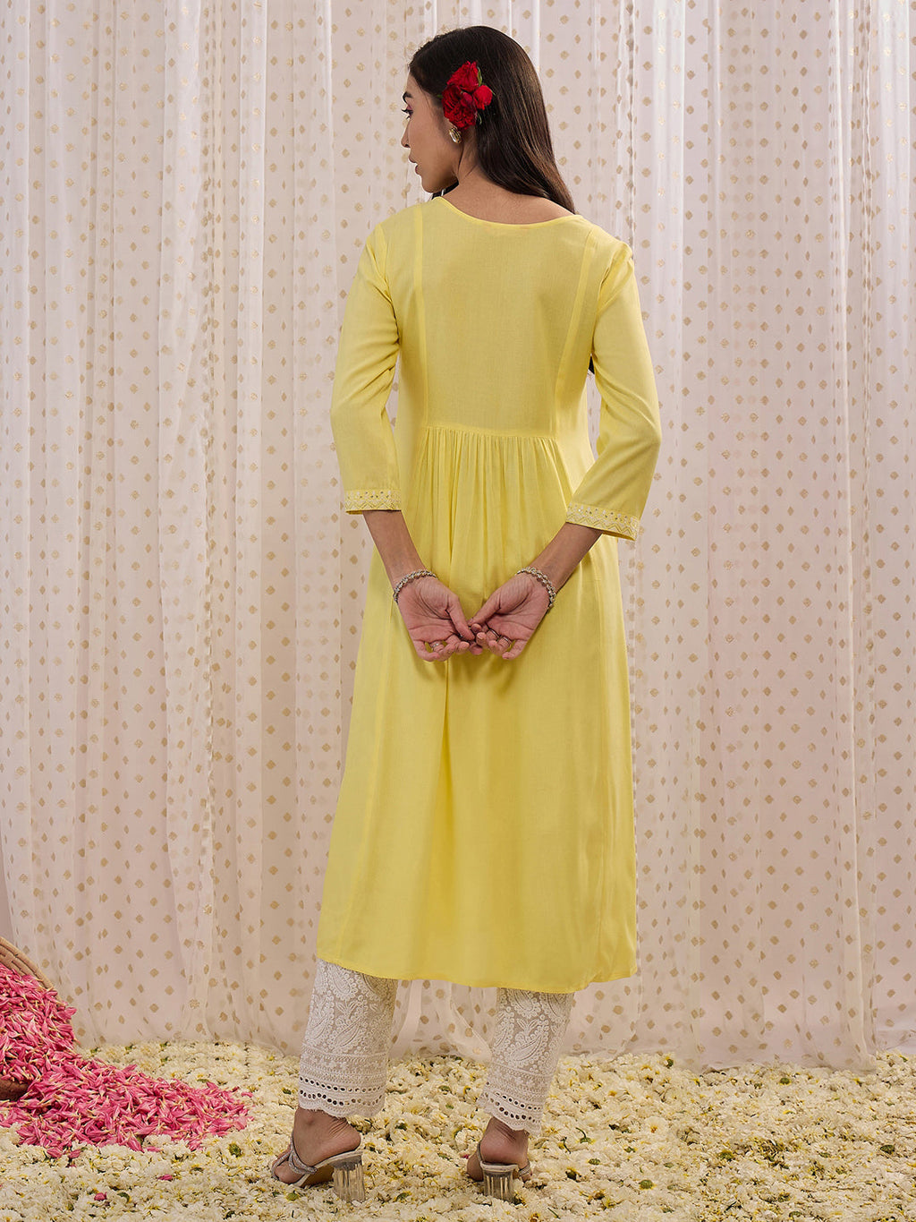 Indo Era Yellow Embroidered A-Line Kurta | Grocsy