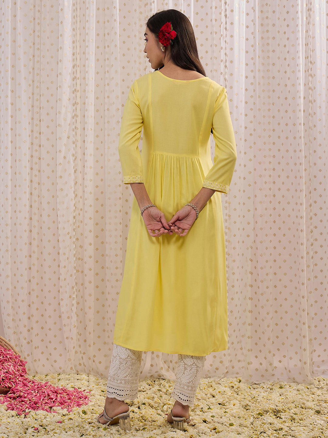 Indo Era Yellow Embroidered A-Line Kurta | Grocsy
