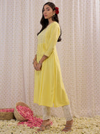 Indo Era Yellow Embroidered A-Line Kurta | Grocsy