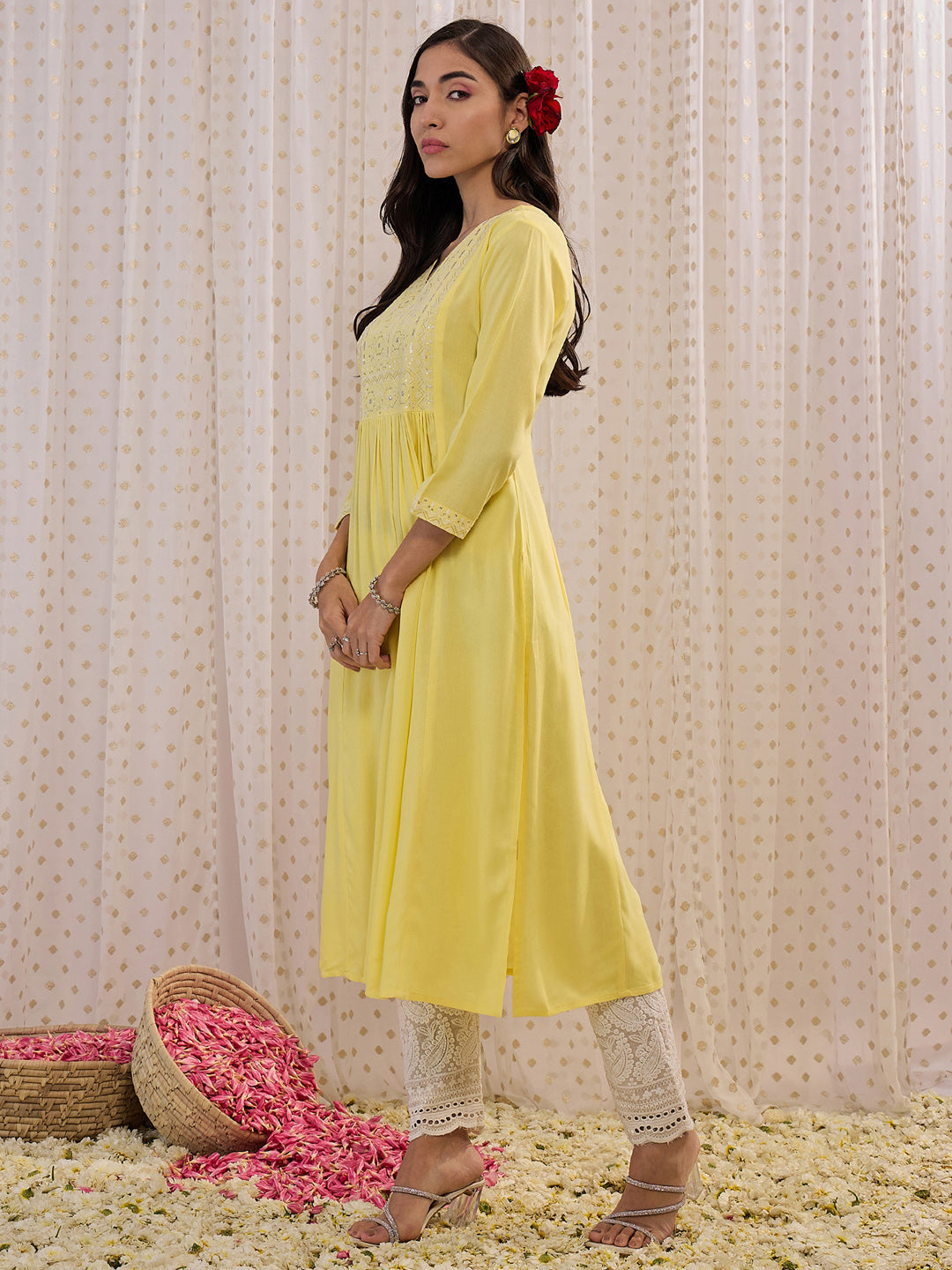 Indo Era Yellow Embroidered A-Line Kurta | Grocsy
